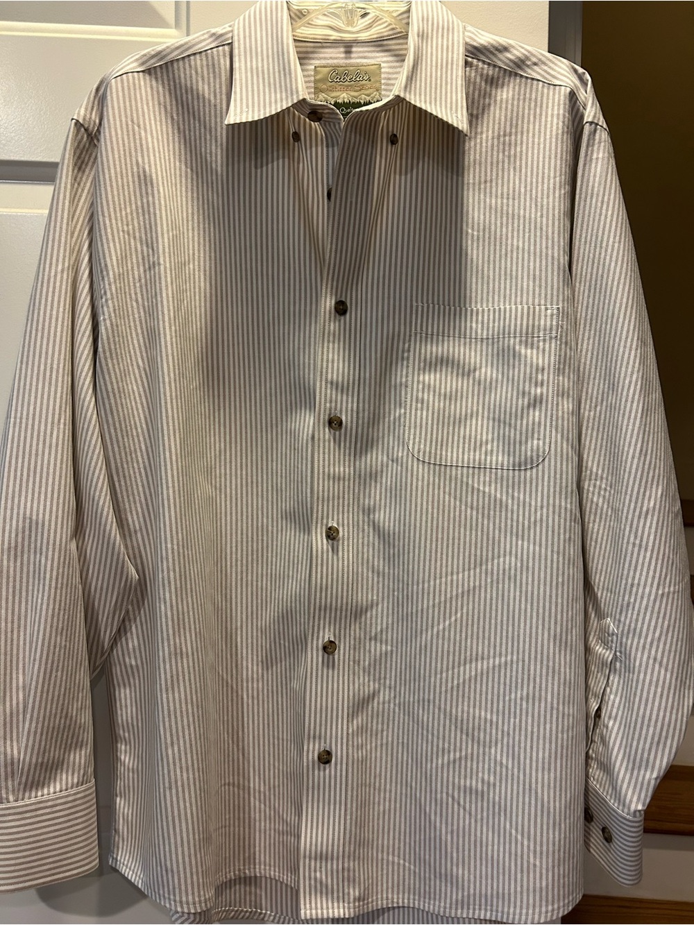 Cabela's Men's Subtle Striped Dress Shirt - Cream & Brown Stripes size L